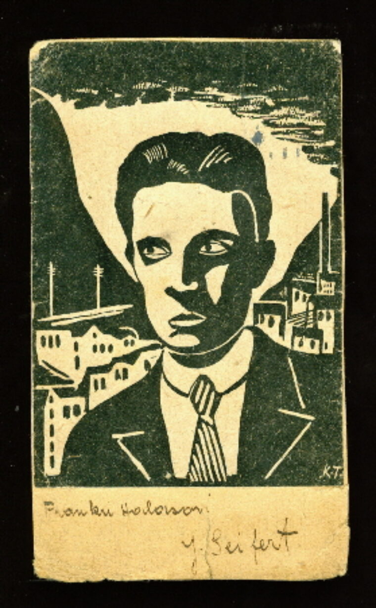 Teige Karel / Seifert Jaroslav / Halas František – pohlednice s linorytem / Devětsil